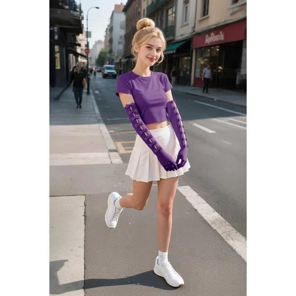 Women's Princess Purple Long Sleeves Gloves Bow Lace Mesh Tulle Party Prom